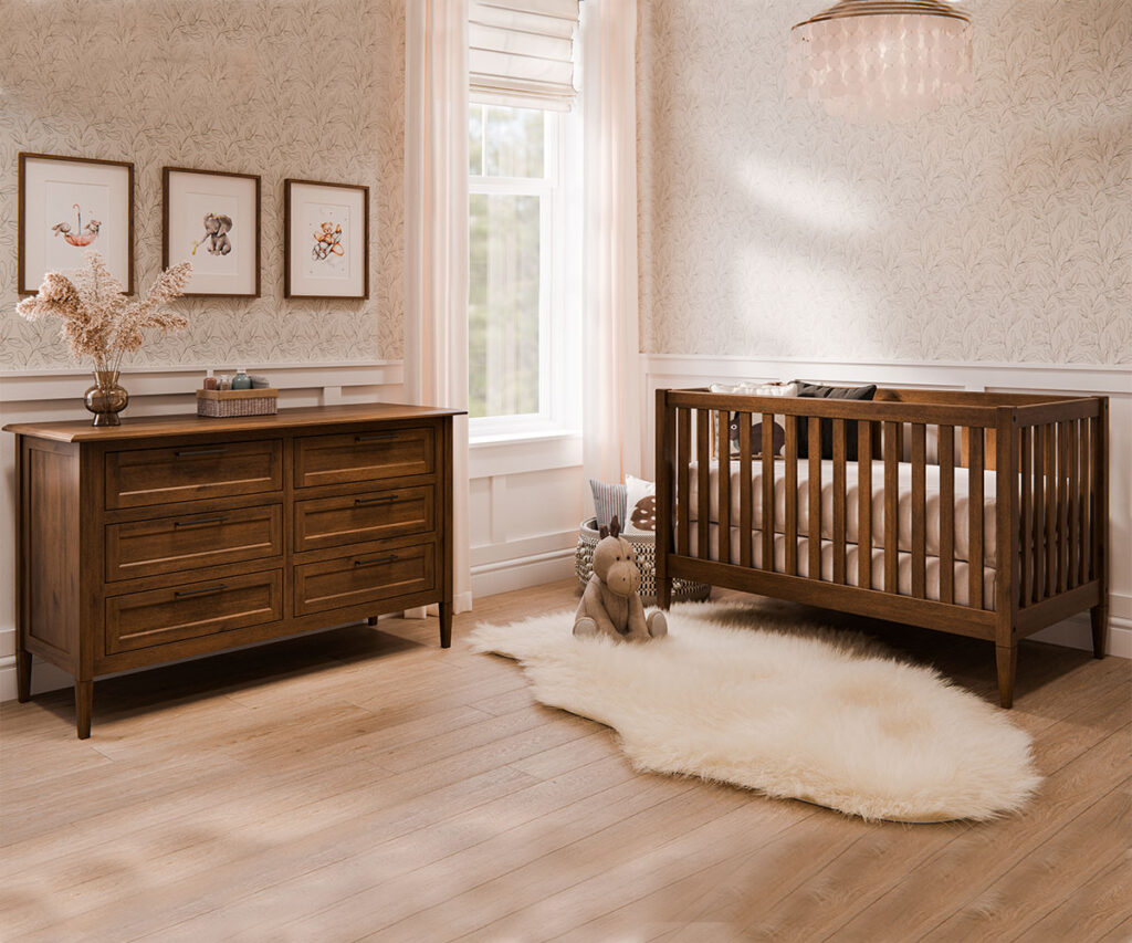 children's furniture with a solid wood crib and dresser in a warm nursery