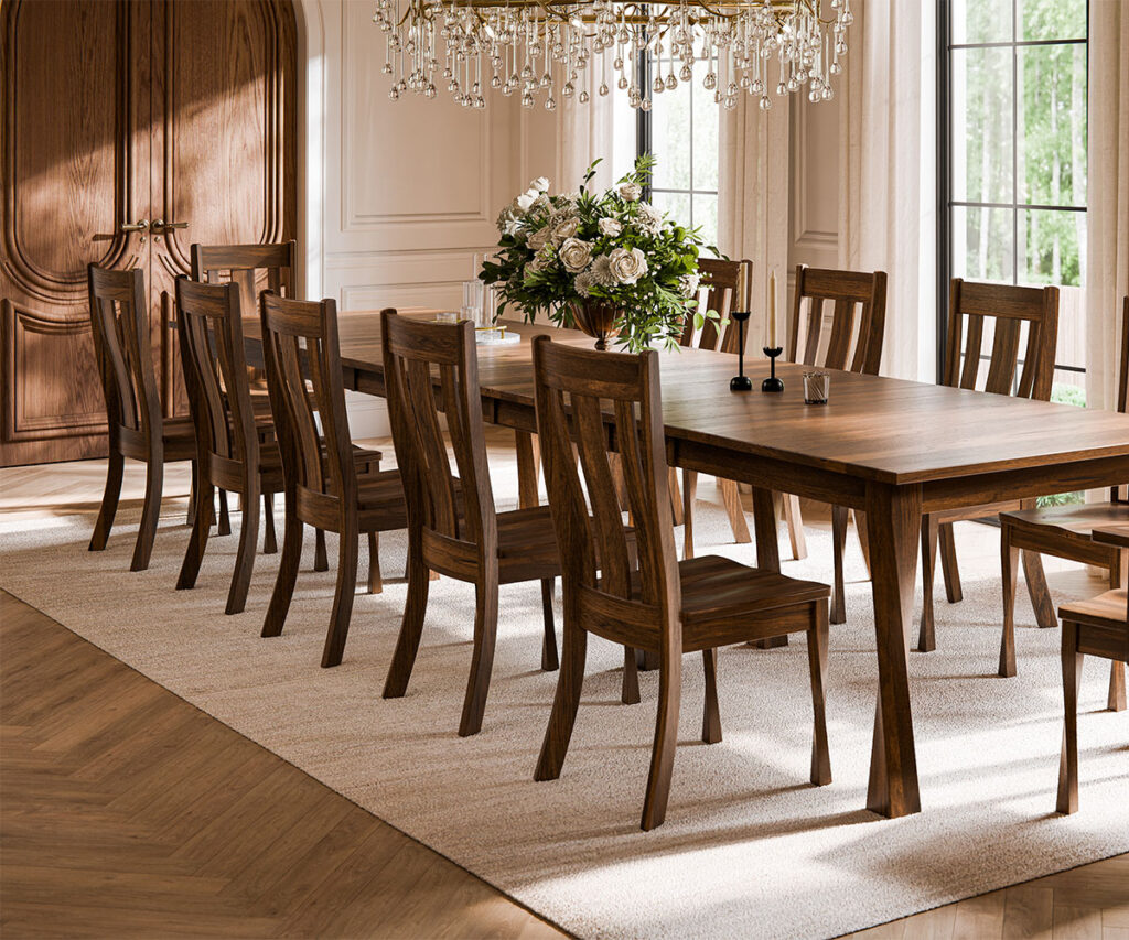 Williamsburg Amish dining room—solid wood table and chairs in colonial-modern home.