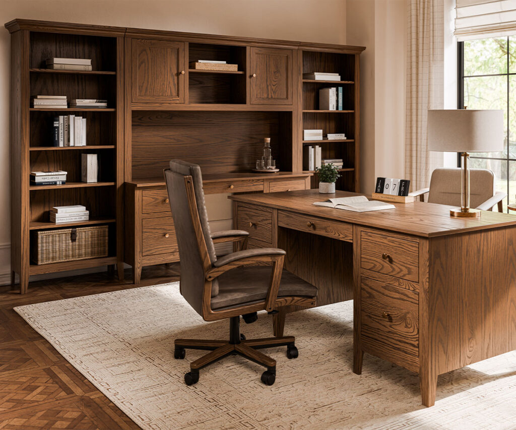 office furniture with solid wood desk, chair, and bookcases in a warm home office