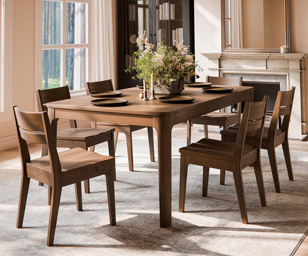 dining room furniture with solid wood table and chairs in a bright formal space