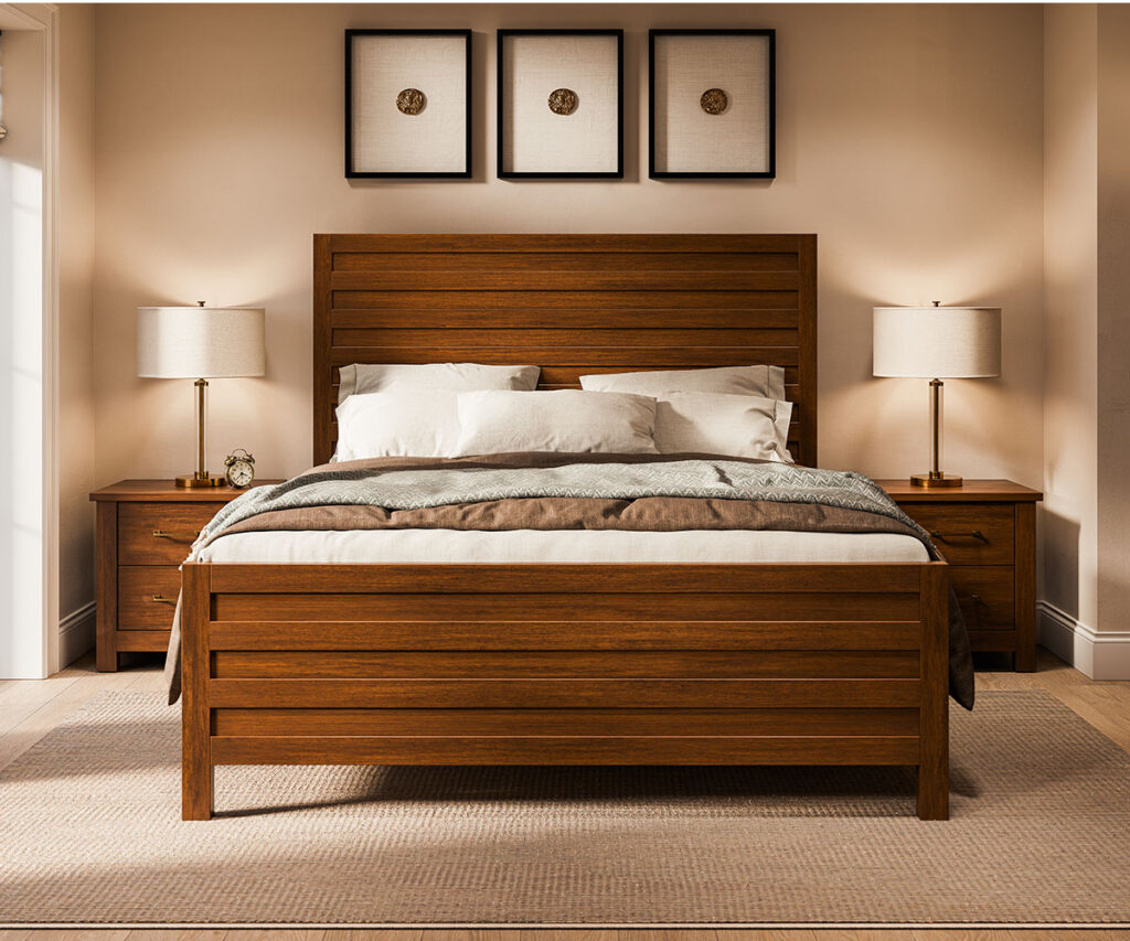 Solid wood bed with matching nightstands and warm bedroom lighting