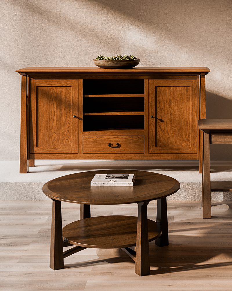living room furniture with solid wood console and round coffee table