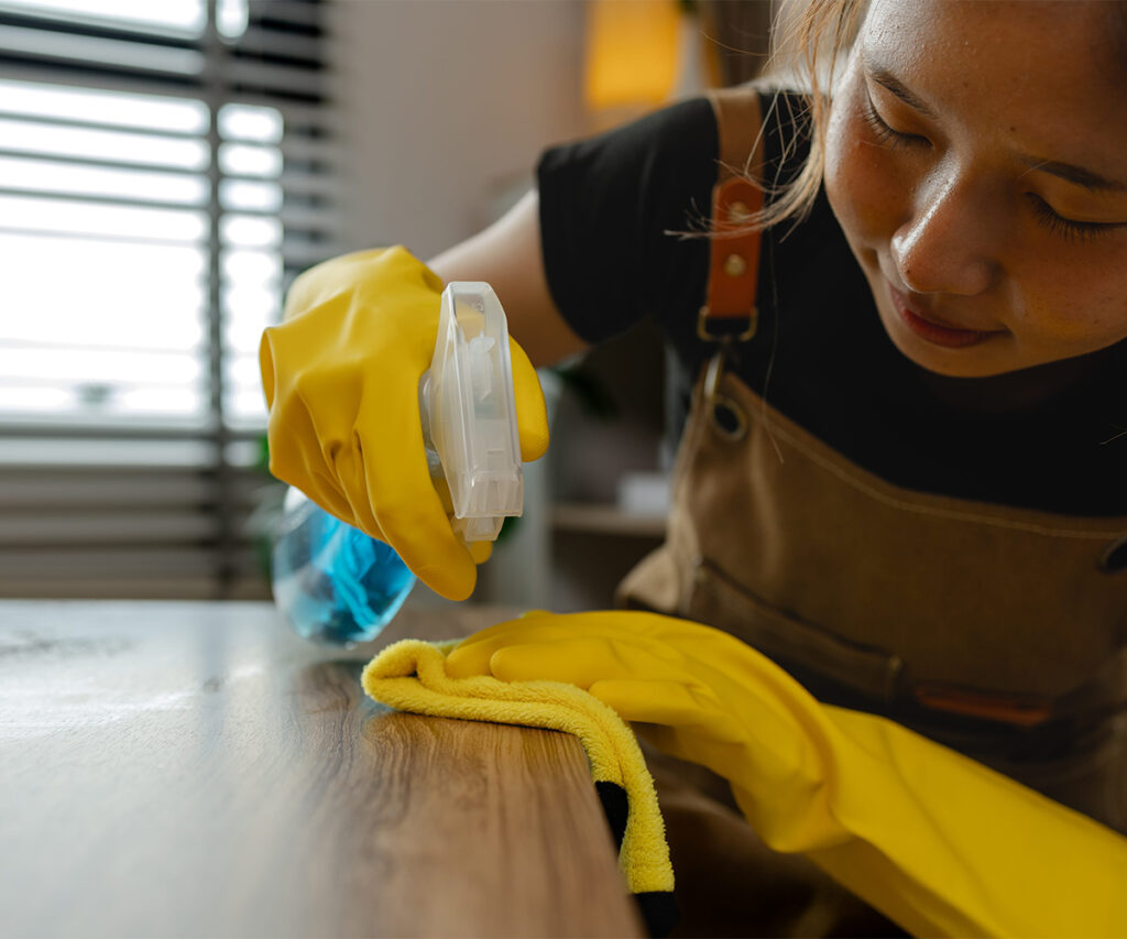 Woman in yellow gloves using wood furniture care 