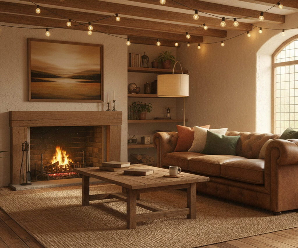Cozy living room with leather sofa, fireplace, and wood coffee table
